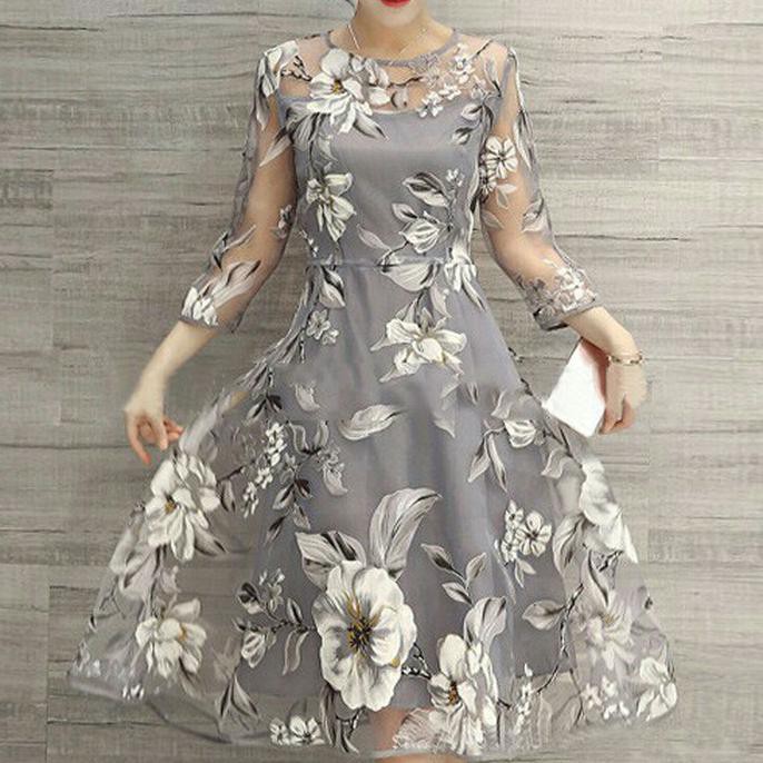 promo long dress import boho wanita round neck motif bunga musim panas - abu-abu muda, smlxl2xl