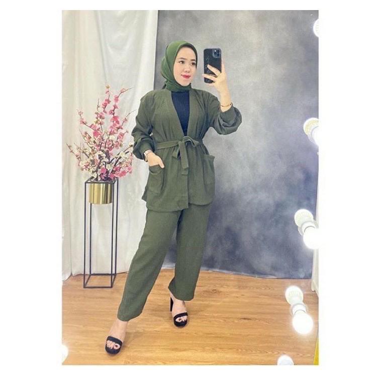 NEW YEAR SALE!! Tamara One Set Pusatgrosir_solo/ Setelan Polos Mosscrepe Set Cardi Outer Wanita Termu