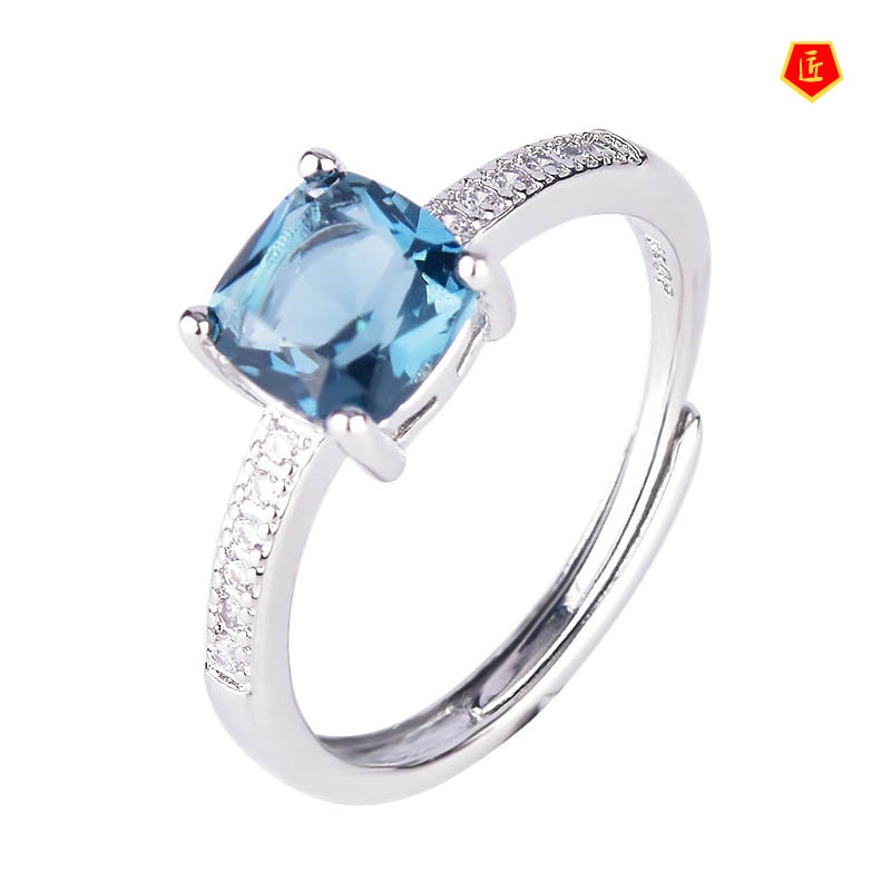 [Ready Stock]New Inlaid Blue Topaz Square Diamond Ring