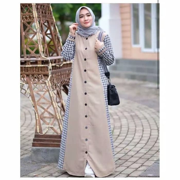 Gamis Wanita Muslim Maxi Dress Jubah Katun Busana Muslimah Original   Latte