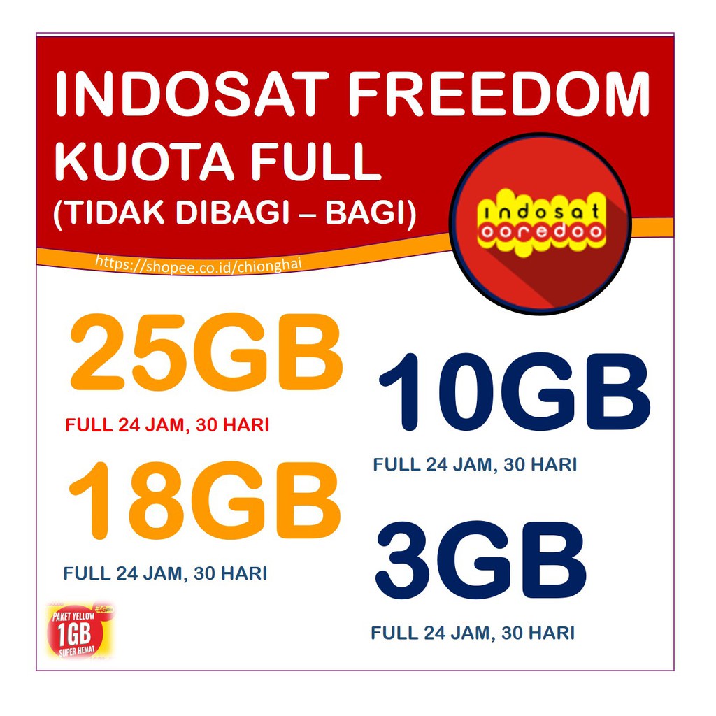 KUOTA INDOSAT FREEDOM 3, 10, 18, 25, 50, 100 GB 24 Jam