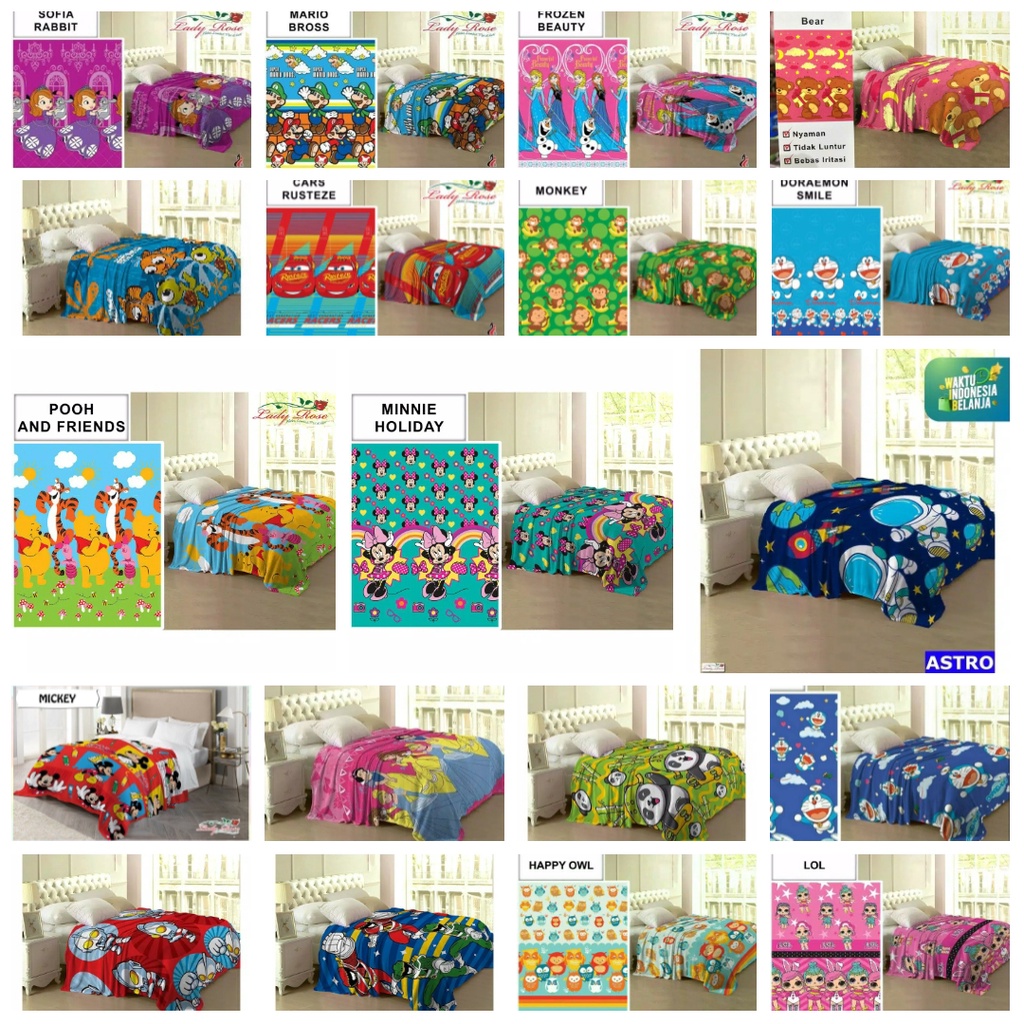 Selimut Lady Rose 160x200 - Motif Karakter Anak Kartun Ultraman Ranger Kitty Panda Bear Bahan Tebal 