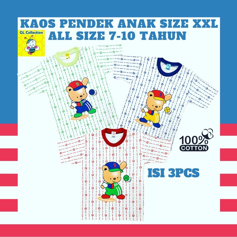 OBRAL! ISI 3PCS! ATASAN KAOS PENDEK ANAK SIZE XXL (7-10 TAHUN) SABLON 100%KATUN