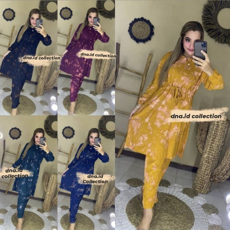 One Set Tie Dye Gelap Tali Serut Lengan Karet-4