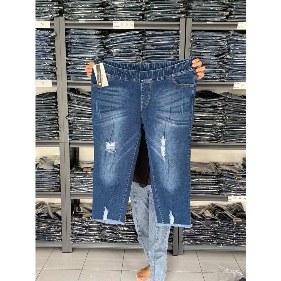 Celana Jeans 7/9 Pinggang Full Karet Jumbo Celana Jeans Bigsize Distro