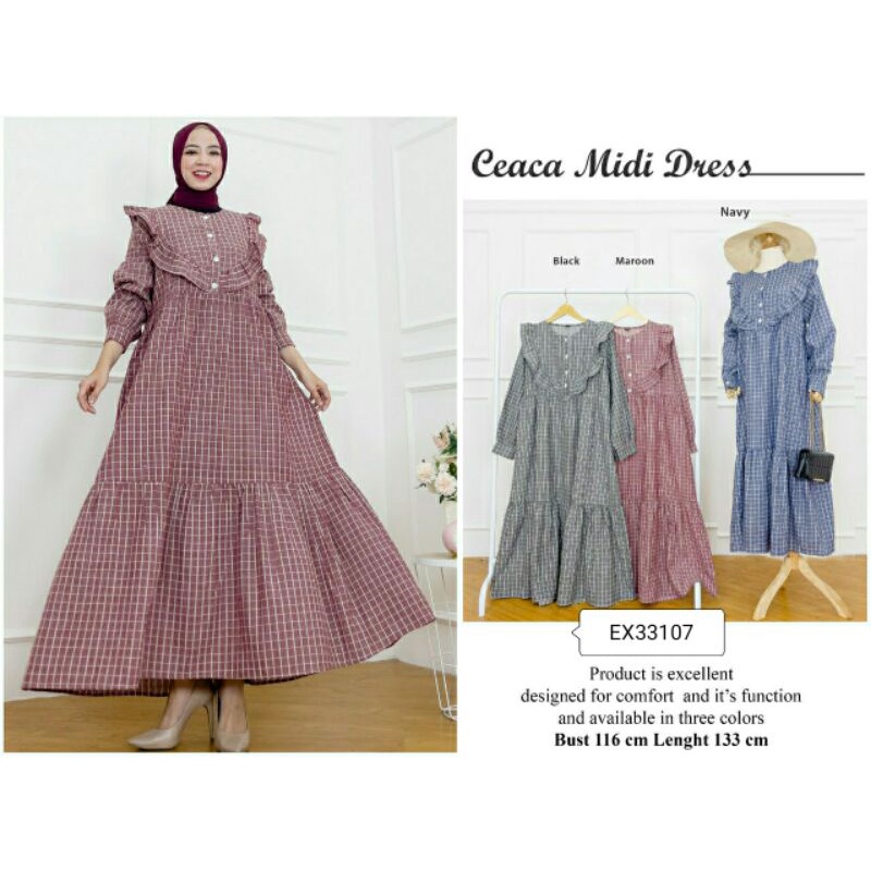 Sienna Dress Motif Kotak Dres Midi Remaja Cantik Terbaru Baju Wanita Casual Simple Kancing Aktif Bus