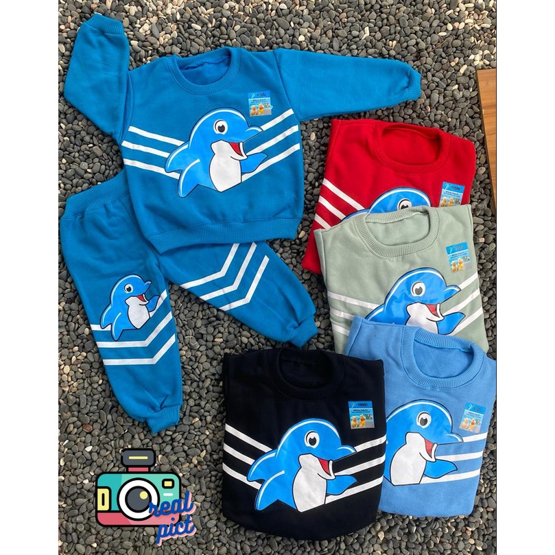 sweater bayi lucu murah motif lumba lumba setelan 1-2tahun