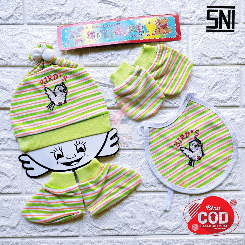 3 Set Kupluk Topi Bayi Bayi Baru Lahir /3 Pasang Sarung Tangan / 3 Pasang Sarung Kaki Komplit Motip Abjad Bayi Baru Lahir / Slaber Adai Bayi ( Kupluk + Kaos Tangan + Kaos Kaki + Slaber ) Meyriana Collection