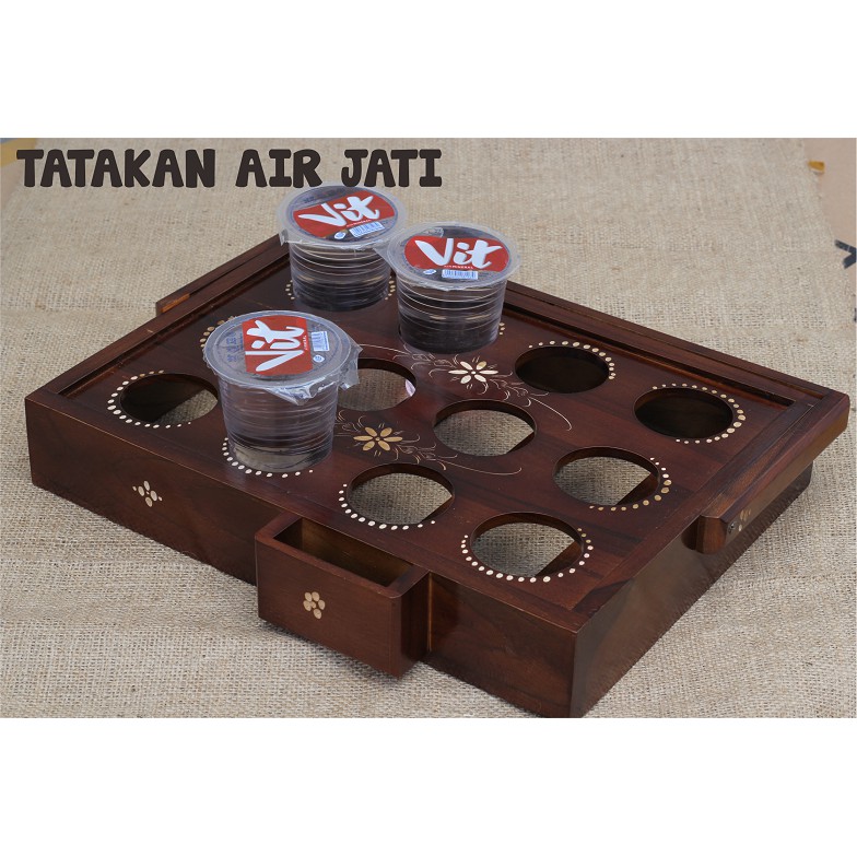 Tatakan Gelas Air Mineral Kayu Jati Ukir Cukit Motif Nampan 12 Lobang  - (Tempat Aqua Gelas  )