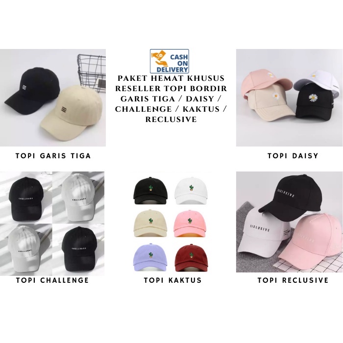 Paket Hemat Topi Bordir Smile / Reclusive / Challenge / Daisy / Kaktus / Garis Tiga Unisex Kualitas Premium