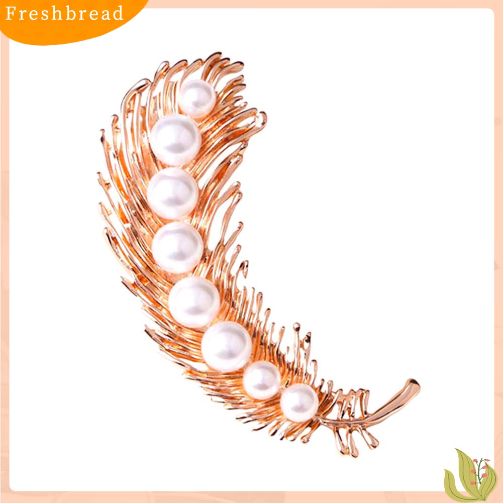 [ TERLARIS]Elegant Women Faux Pearl Inlaid Feather Shape Brooch Pin Corsage Scarf Accessory