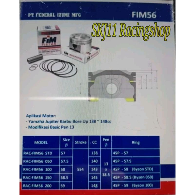 Piston kit FIM 58 Yamaha Jupiter z Vega r zr STD OS 50 100 200 diameter 57 57.5 58 58.5 59 pen 13mm
