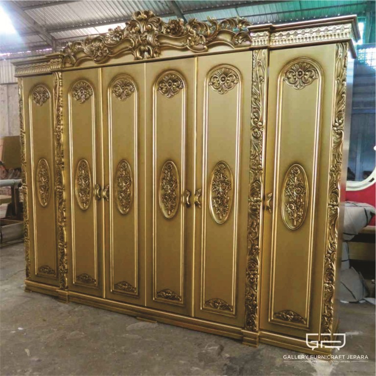 Lemari Pakaian Pintu 6 Kayu Jati Finishing Gold