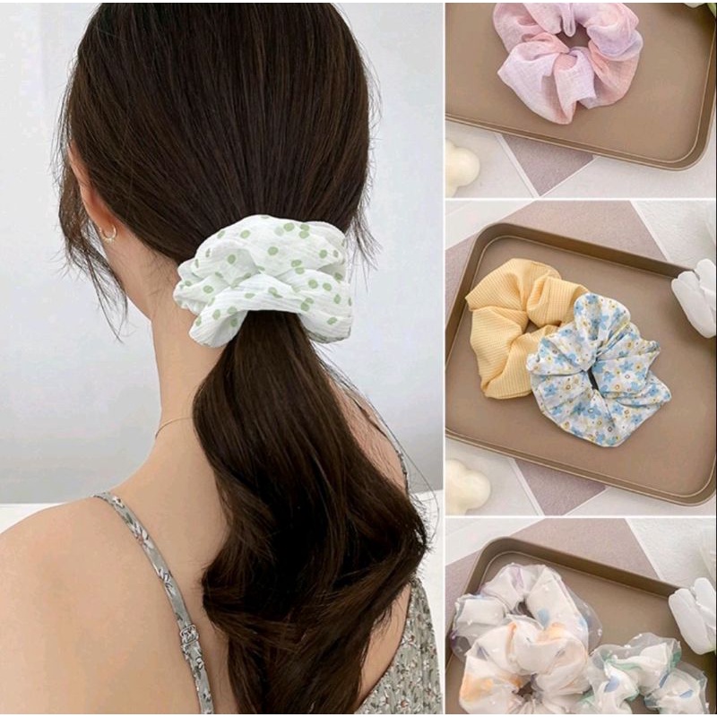 Scrunchie Set 3in1 Ikat Rambut Motif Daisy warna Salem + Ikat Rambut Kain + Ikat Rambut Dua Layer