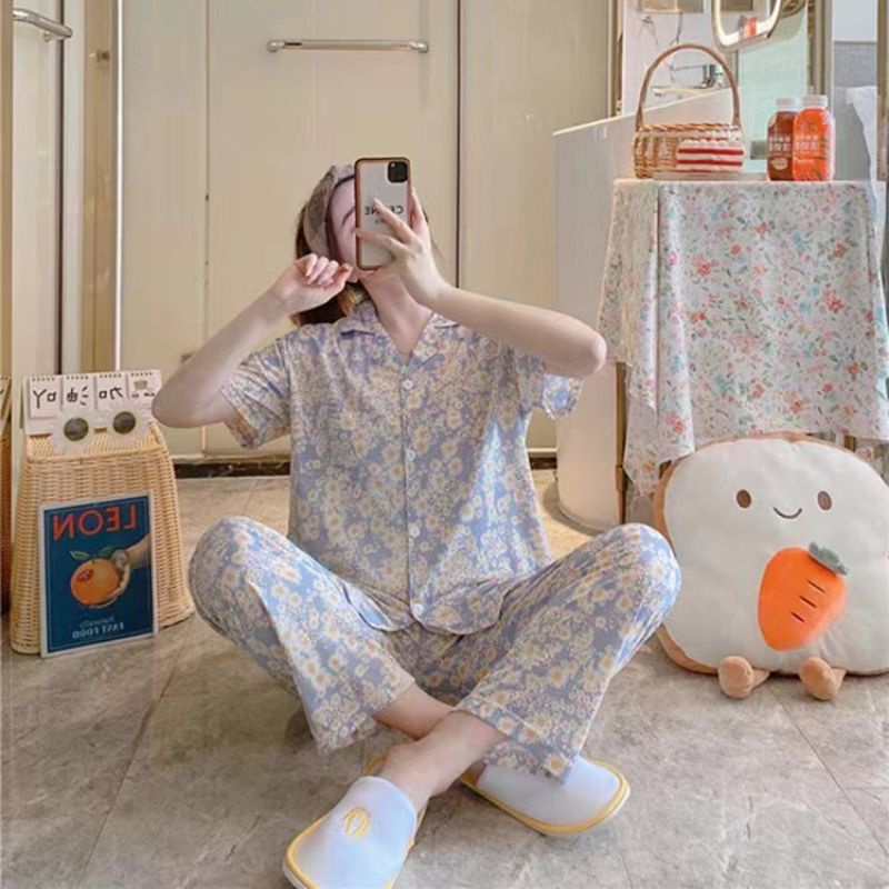 Baju tidur wanita / Piyama Cp baju tidur wanita krah pendek import kotak freesize-Cp.k BUNGA MINI ABU