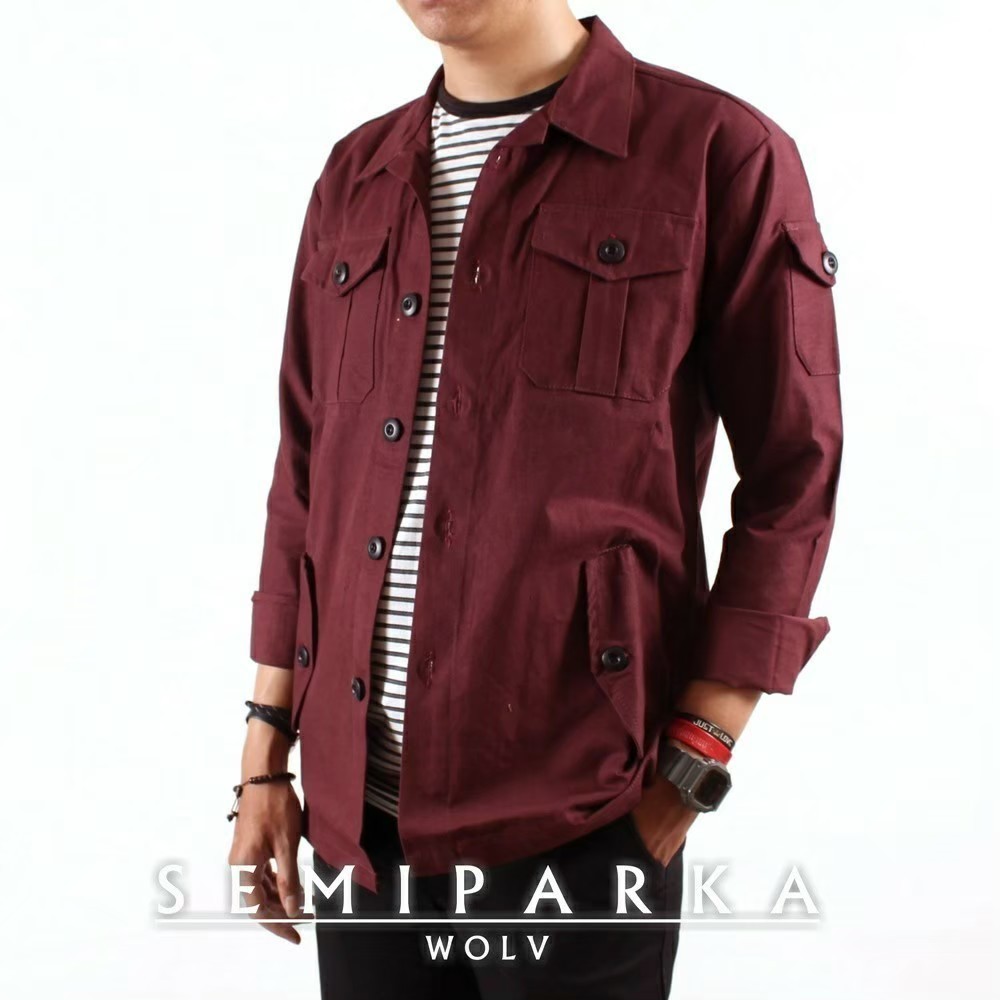 WOLV ORIGINAL JAKET SEMI PARKA CANVAS Jaket pria warna maroon rample pocket seri WSP402