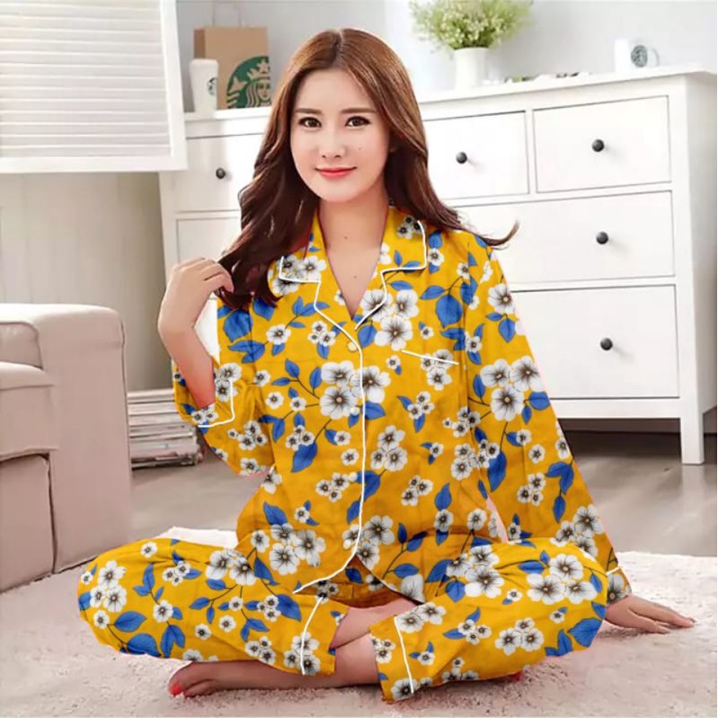 piyama setelan lengan panjang/baju tidur wanita terbaru/setelan wanita katun-Pp bunga yelow