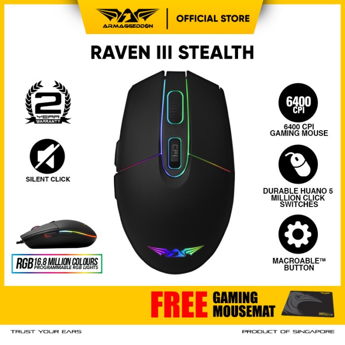 Armaggeddon RGB Gaming Mouse Raven III Stealth / Silent [FreeMousemat] - No Name, MOUSE ONLY