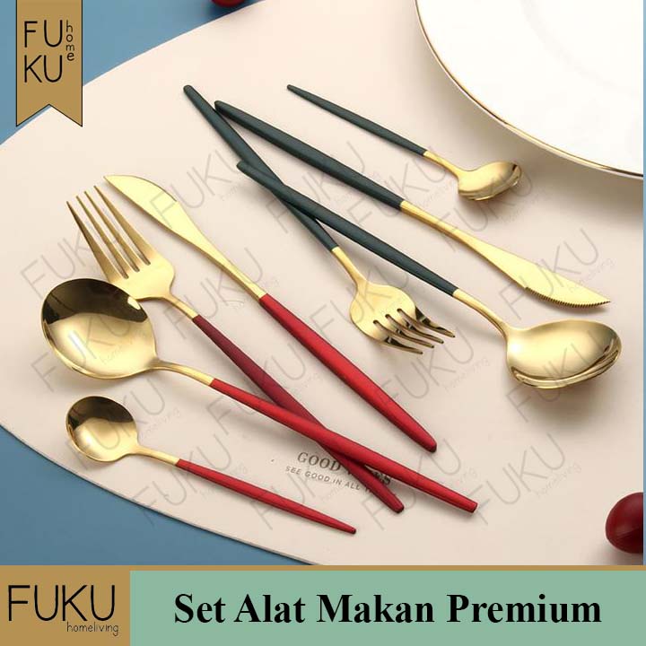 Set alat makan Premium mewah cantik sendok garpu pisau makan sendok teh Gold Silver