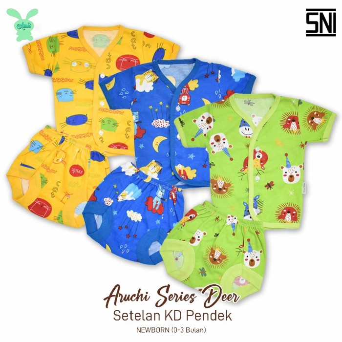 ARUCHI Stelan Pendek Kancing Depan Motif NB S M L 3 Stel