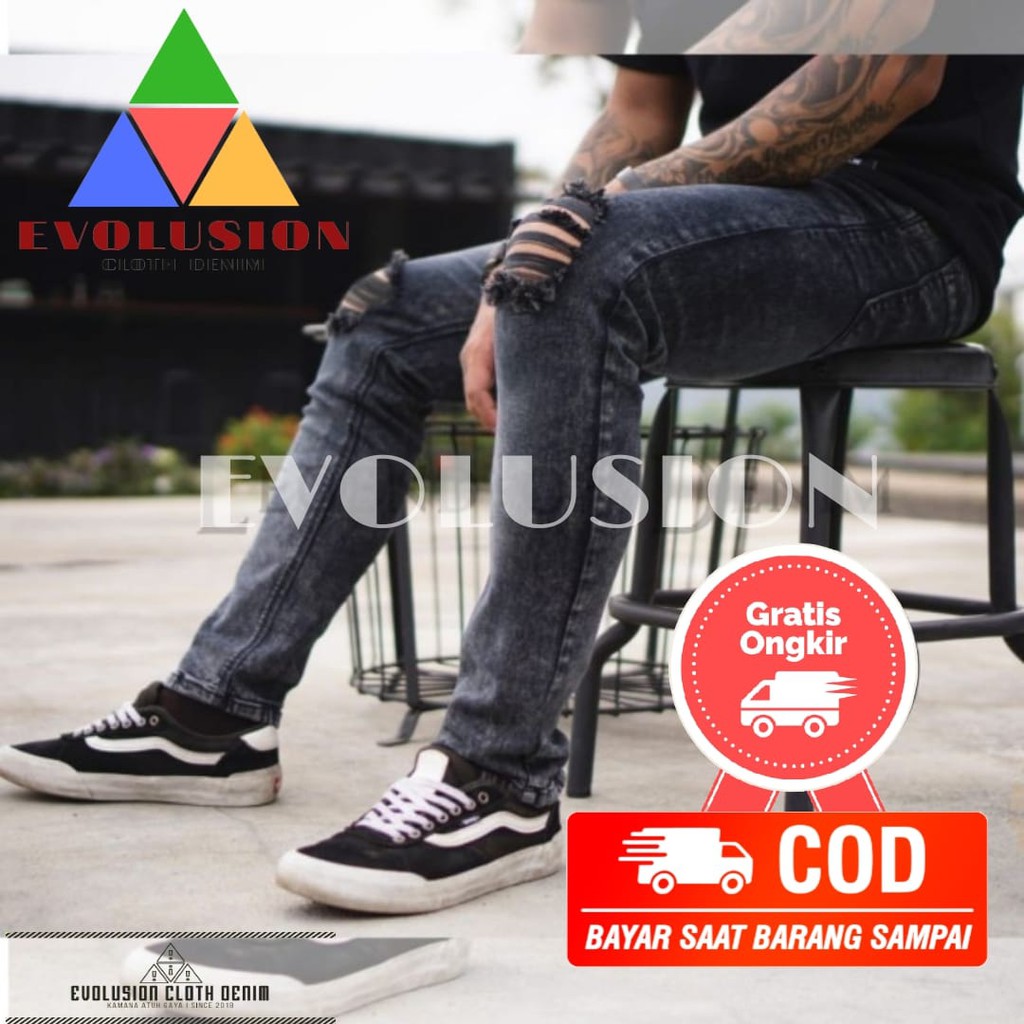 [COD} Promo Celana Jeans Sobek Lutut Pria Snow Black Sandwash Acid Ripped Premium