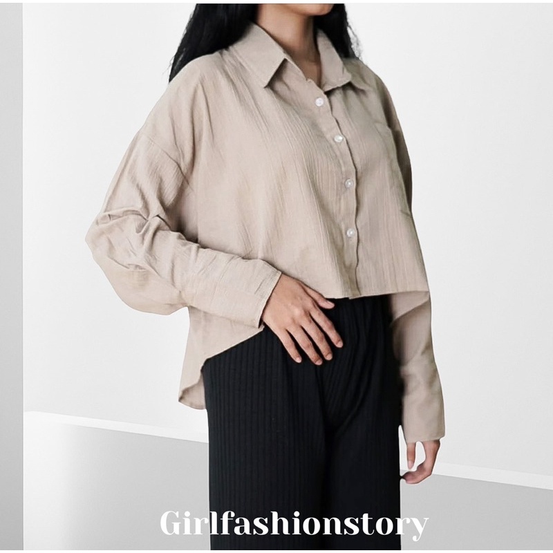 BEFAST - ZFS OOTD Wanita Kemeja Crop RINE / DAVY CRINKLE LINEN SHIRT / Kemeja Crop Wanita Remaja / Fashion Wanita Ala Korean Style / Kem Lengan Panjang / Kemeja Polos Formal / Terlaris