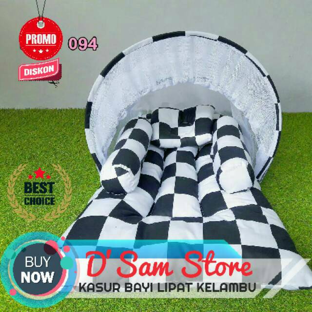 094 | Kasur Lipat Bayi Kelambu Set Bantal Guling Karakter Motif Kotak Hitam Putih Toko Kado Lahiran