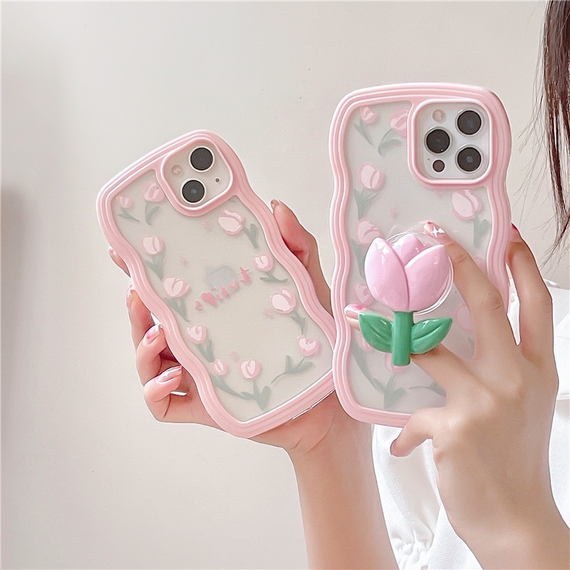 Pastel Pink Case with Tulip Holder Softcase Case HP Lucu for iphone XS Max XR 11 Pro Max 12 Pro Max 13 Pro Max