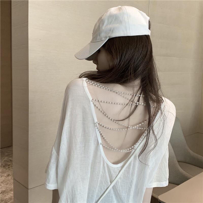 Suhao American Top Hati-hati Mesin Backless Pearl Hollow Tabir Surya T-shirt Musim Panas Longgar Len