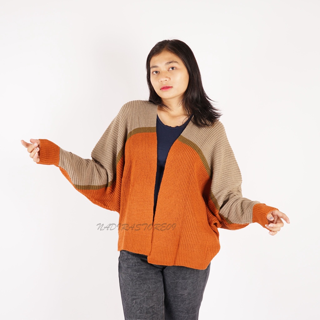 CARDIGAN BATWING RAJUT OVERSIZE PREMIUM / KOMBINASI / KHAKI CORAL STRIP BRONZE