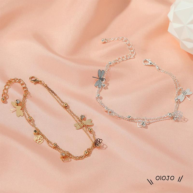 【COD】Gelang Kaki Rose Dragonfly Gelang Kaki Wanita Model Lapis Ganda Desain Mawar Capung Untuk Musim Panas / Pantai