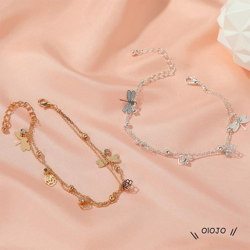 【COD】Gelang Kaki Rose Dragonfly Gelang Kaki Wanita Model Lapis Ganda Desain Mawar Capung Untuk Musim Panas / Pantai