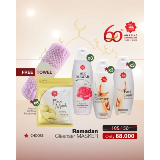 3 Milk Cleanser 100 mL 3 Face Tonic 100 mL 3 Air Mawar 200 mL 5 Viva Face Mask  FREE 1 Pcs Towel