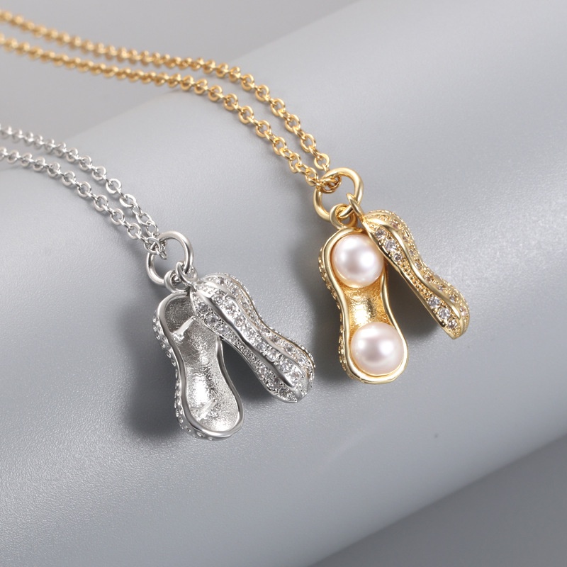 Kalung Rantai dengan Mutiara Bentuk Peanut Warna Gold  Silver Bahan Alloy Untuk Wanita