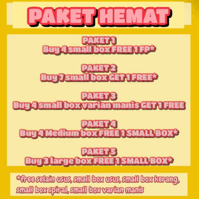 

PAKET HEMAT 3: Buy 4 small box varian manis GET 1 FREE