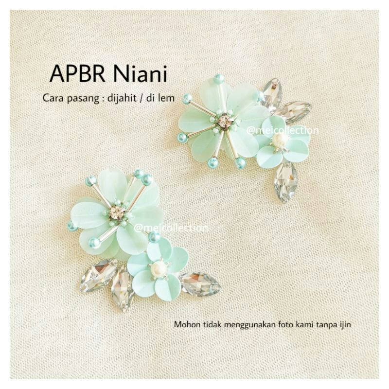 payet rangkai APBR Niani bunga set mint hijau aplikasi lengan pinggang