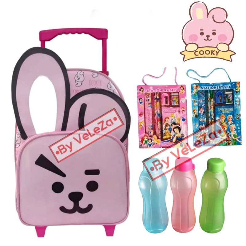 Tas ransel troli anak karakter Cooki BT21 gratis paket pinsil botol minum - Tas anak - Tas troli