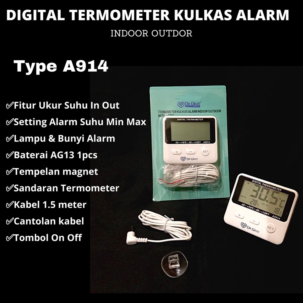 Thermometer Kulkas Digital Dr Gray Alarm Indoor Outdoor Model A0914