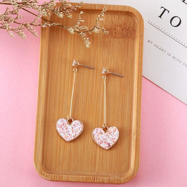 Sterling silver jarum Korea hipster pink payet cinta anting-anting hati manis zirkon peach jantung p