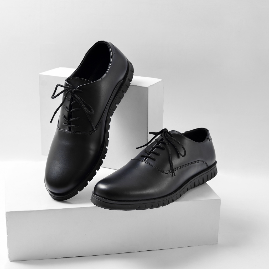 Sepatu Formal Casual Kantor Pria Kulit Kerja Kasual Pantofel Pantopel Oxford - Houston Full Black