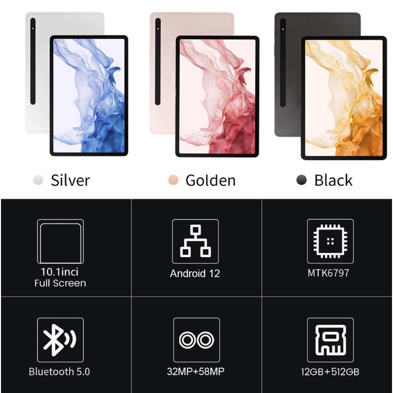 【Bisa COD】Tablet PC Asli Baru Galaxy Tab S8 S8+ 12GB + 512GB Tablet Android 10.1inch Layar Full Screen Layar Besar Wifi 5G Dual SIM Tablet Untuk Anak Belajar hp tablet tab advan Tablet Gaming kantor Tablet Murah