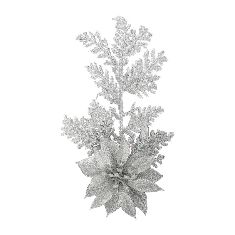 Ornamen Cabang Bunga Poinsettia Daun Pinus Buatan Aksen Glitter Untuk Pohon Natal