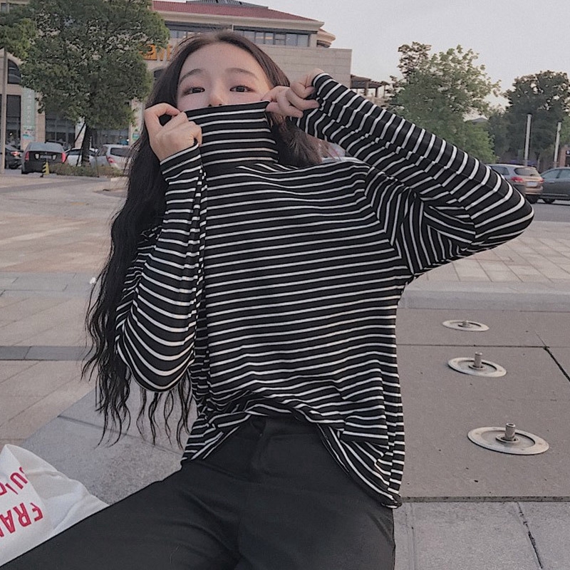  Kaos  T Shirt Lengan Panjang Kerah  Tinggi  Bahan Rajut Warna 