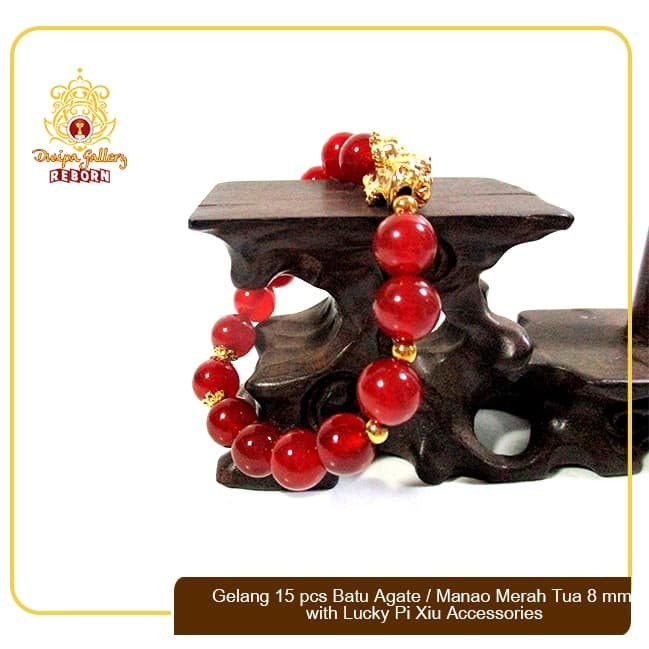 Gelang 15pcs Batu Agate / Manao Merah Tua 8 mm with Lucky Pi Xiu Accs