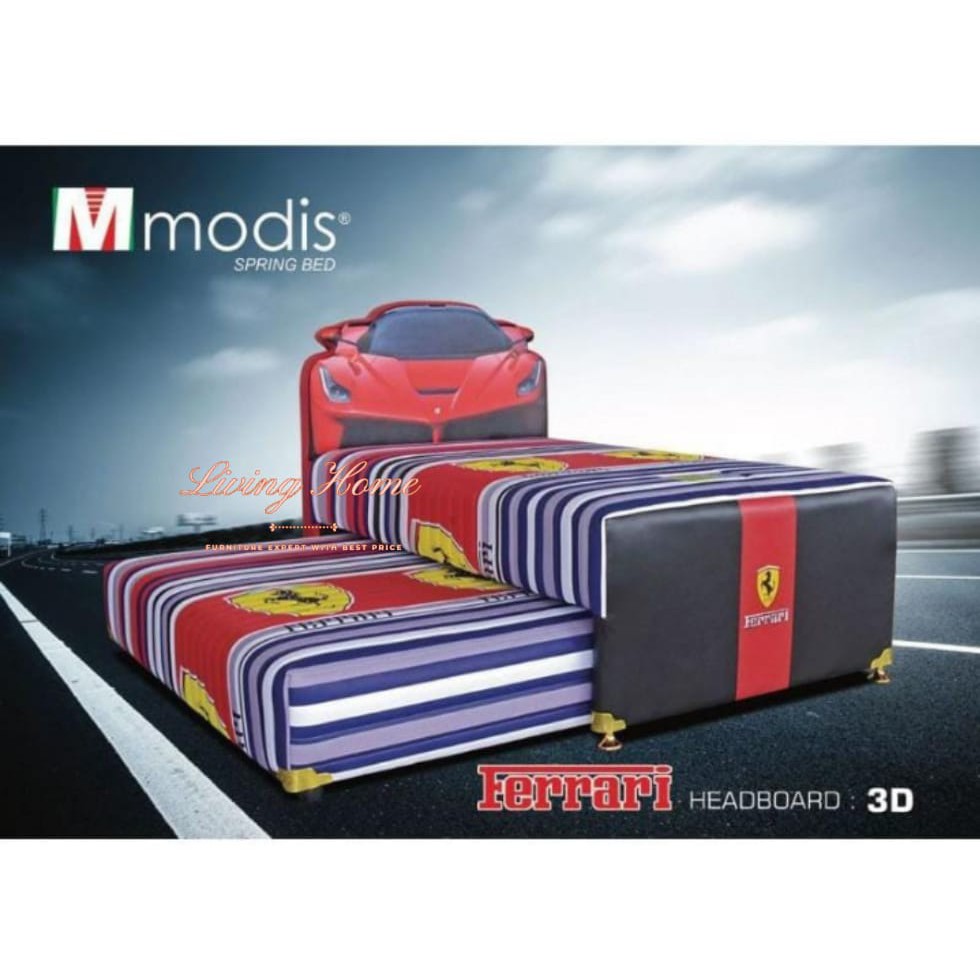 Bed Dorong Anak Mobil Ferrari Modis Springbed Full Bed Set Anak Cowok Laki-Laki 120 x 200
