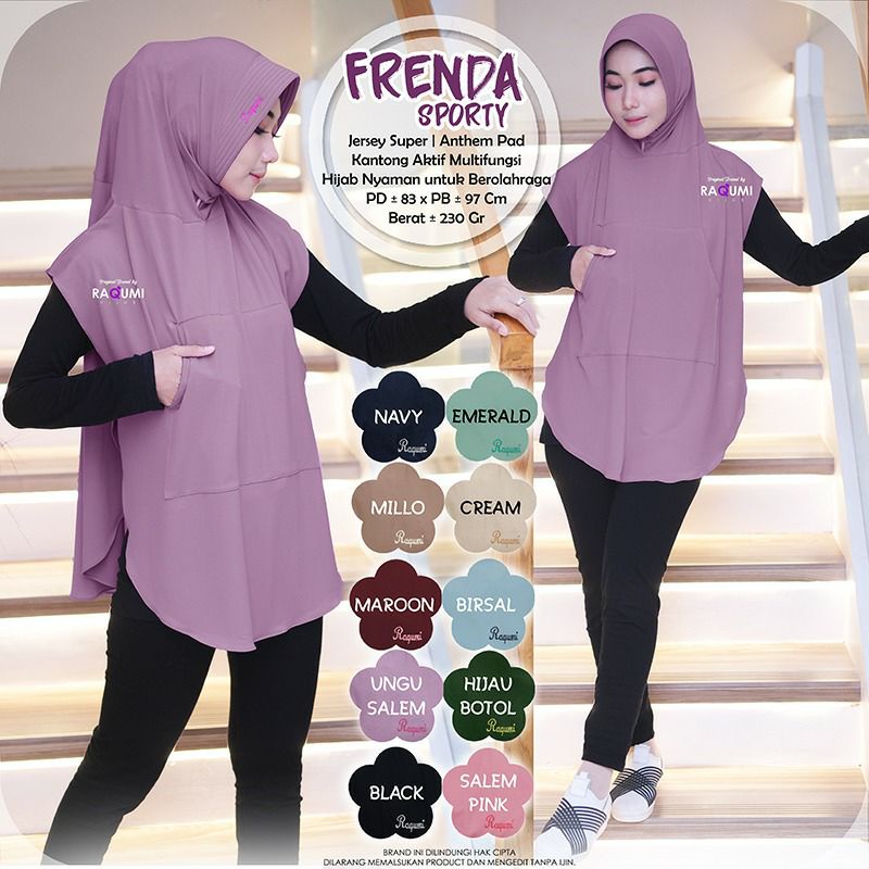 [Jilbab Olahraga] Frenda Sprty ORI Raqumi Hijab Bahan Jersey Super Aplikasi Kantong bagian Depan