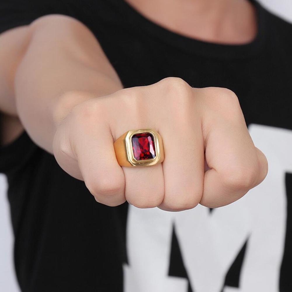 18K Emas Ruby Sapphire Pria Wanita Baja Titanium Dipoles Gaya Sederhana Perhiasan Fashion Kristal Pernikahan Cincin Gold Rings