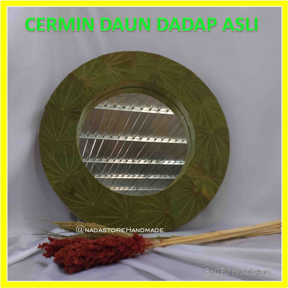 NEW ARRIVAL Nadastore Cermin Motif Daun Dadap Asli Diameter 50cm + Palet Kayu