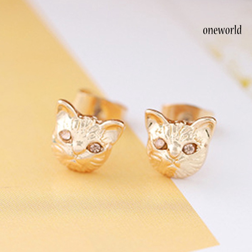 OW@ 1 Pair Women Cute Cats Head Rhinestones Inlaid Ear Studs Earrings for Party Club