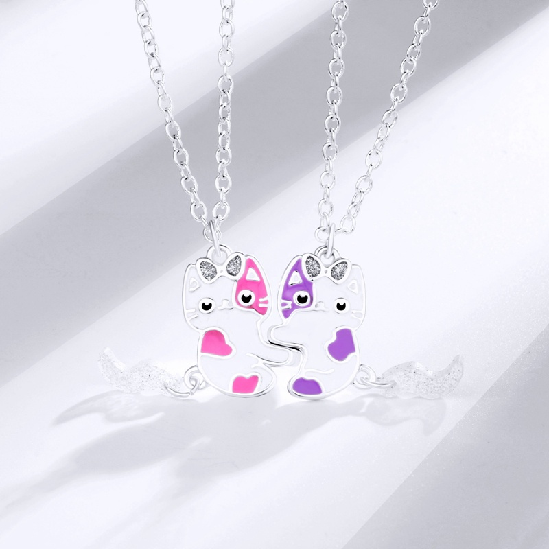 Fancyqube 2pcs / Set Kalung Liontin Bentuk Puzzle Hati Kucing Bahan Stainless Steel Untuk Pria Dan Wanita